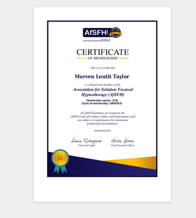 AfSFH Certificate - Association for Solution Focused Hypnotherapy
